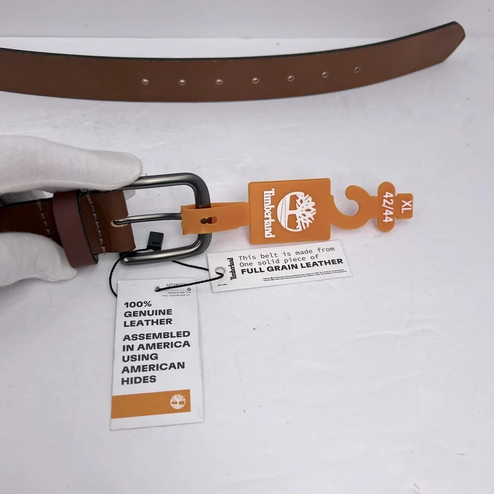 TIMBERLAND MEN’S BELT, BROWN COLOR, LEATHER WITH MAT METAL BUCKLE, SIZE XL 42/44